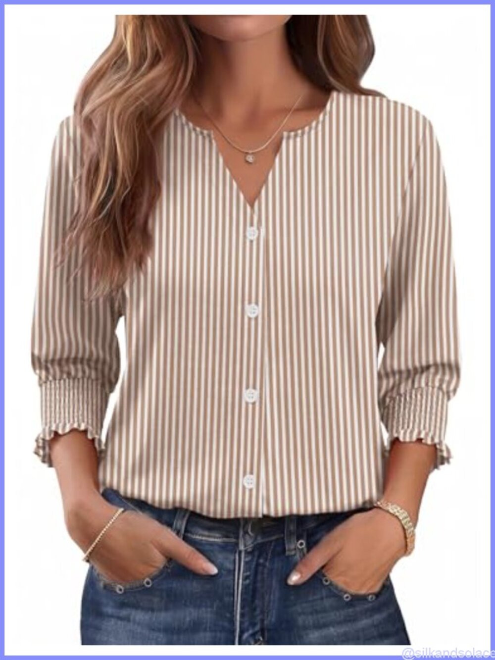 Women's V-Neck 3/4 Sleeve Blouse Smocked Cuffs Button Down Shirt Business